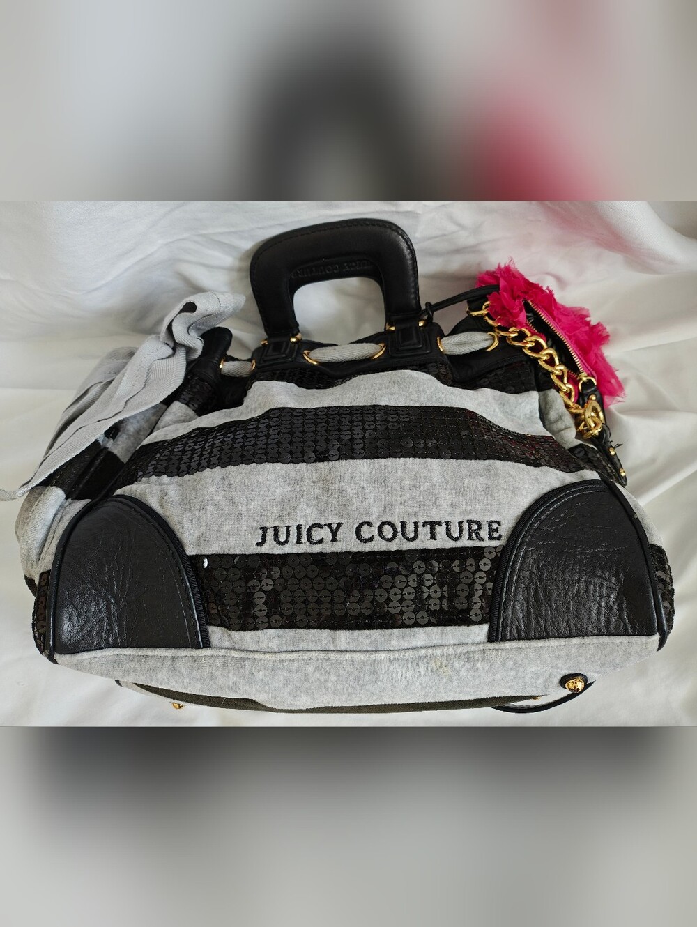 Vintage Juicy Couture Black & Grey Velour, Leather & Sequin Daydreamer Handbag - Picture 3 of 14